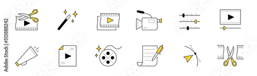 Video edition doodle icons vector set. Film, scissors, magic wand and camcorder. Sliders, loudspeaker, play button and reel. Pen with paper contract, arrow, music app and monitor