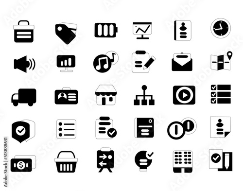 Icons: briefcase, price tag, charger,watch, loud, volume, note, house, button, face card, map, pencil, basket, list, envelope, documents, music, truck, diagram, chart, analysis, screen, completed work