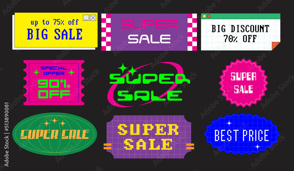 Y2k sale sticker pack. Cool trendy discount labels. Vector special offer badges.