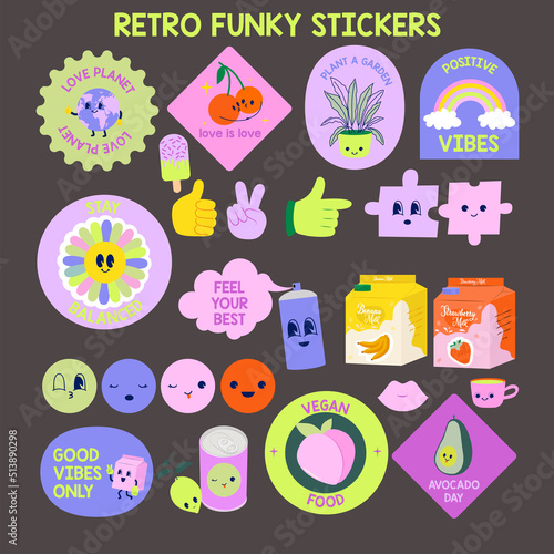 Collection of retro funky stickers. Positive vibe. Editable vector illustration