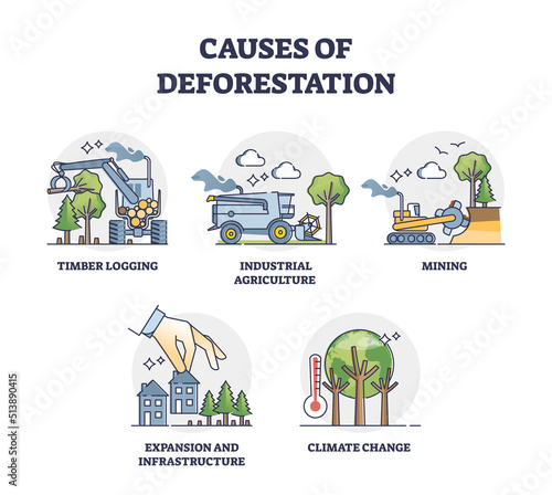 Causes of deforestation and wood resources consumption outline collection set. Labeled educational list with mini scenes for environmental problem vector illustration. Timber logging and agriculture.