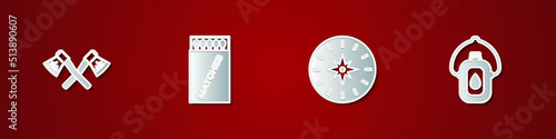 Set Crossed wooden axe, Open matchbox and matches, Compass and Canteen water bottle icon. Vector