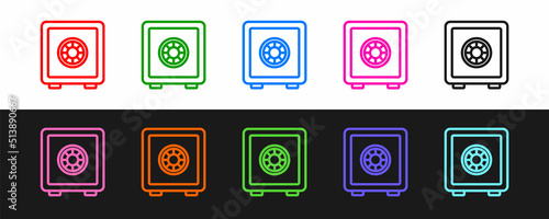 Set line Safe icon isolated on black and white background. The door safe a bank vault with a combination lock. Reliable Data Protection. Vector
