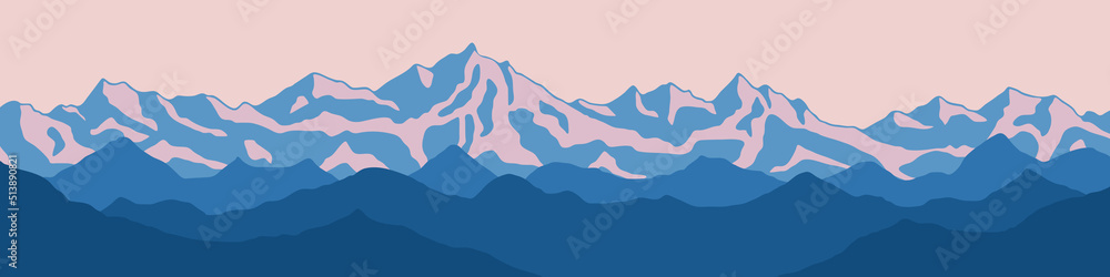Vector drawing of mountain landscape. Panoramic view. Traveling in the mountains, climbing.