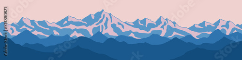 Fototapeta Naklejka Na Ścianę i Meble -  Vector drawing of mountain landscape. Panoramic view. Traveling in the mountains, climbing.