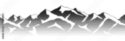 Vector halftone dots background, fading dot effect. Imitation of a mountain landscape, banner, shades of gray.