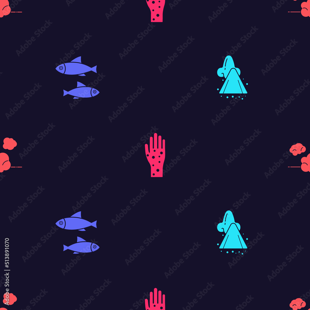 Set Runny nose, Fish, Hand with psoriasis or eczema and Dust on seamless pattern. Vector