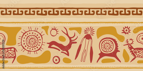 Ethnic border on the theme of rock paintings, vector design. Seamless pattern, banner.