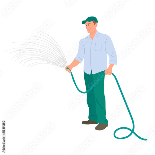The gardener pours water from a hose, gardening work in the garden in summer. Male farmer caring for plants, hand drawn flat cartoon vector illustration.