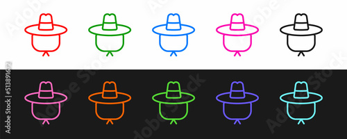 Set line Camping hat icon isolated on black and white background. Beach hat panama. Explorer travelers hat for hunting, hiking, tourism. Vector