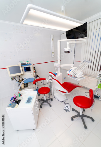 Fototapeta Naklejka Na Ścianę i Meble -  Concept of dentistry hosptal room. Dental white sterile room with instruments.