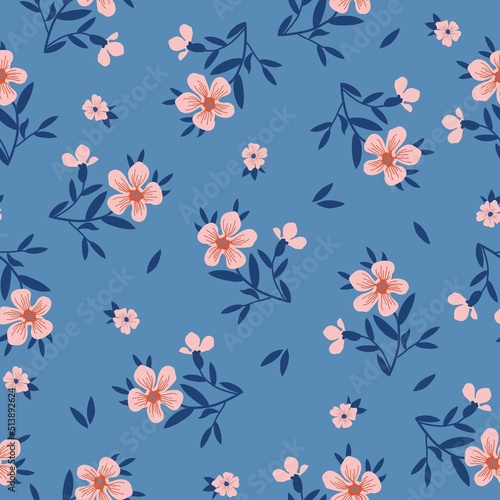 Simple vintage pattern. Cute pink flowers, dark blue leaves. Blue background. Fashionable print for textiles and wallpaper.