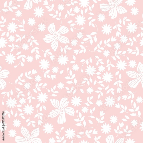 Simple vintage pattern. White flowers and leaves on a light pink background. Fashionable print for textiles and wallpaper.