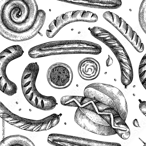 Oktoberfest background. Grilled sausage backdrop. Hand-drawn fast food illustration. Barbeque party sketched design. German food seamless pattern. For picnic, delivery, bar or restaurant design