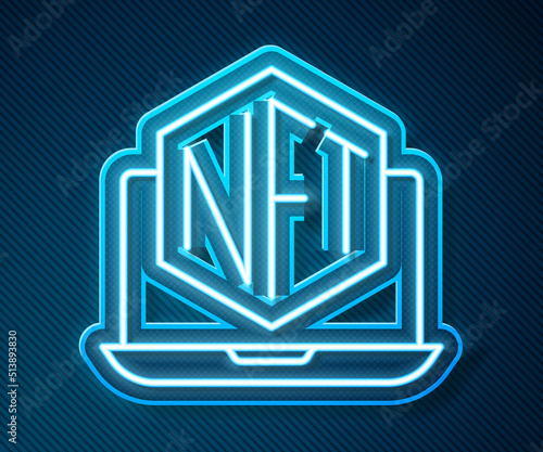 Glowing neon line Laptop with art store app icon isolated on blue background. Technology of selling NFT tokens for cryptocurrency. Non fungible token concept. Vector