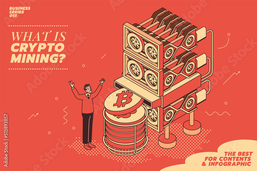 A businessman with his Crypto currency mining farm server. Computer GPU machines in a big data center. Farm for mining bitcoins. Vector flat illustration. The best for isometric style infographic.