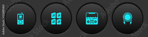 Set Music player, file document, Home stereo with speakers and Audio jack icon. Vector
