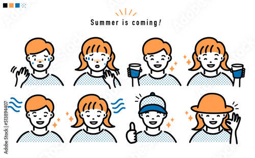 熱中症対策 女の子と男の子の上半身 イラスト_青オレンジ