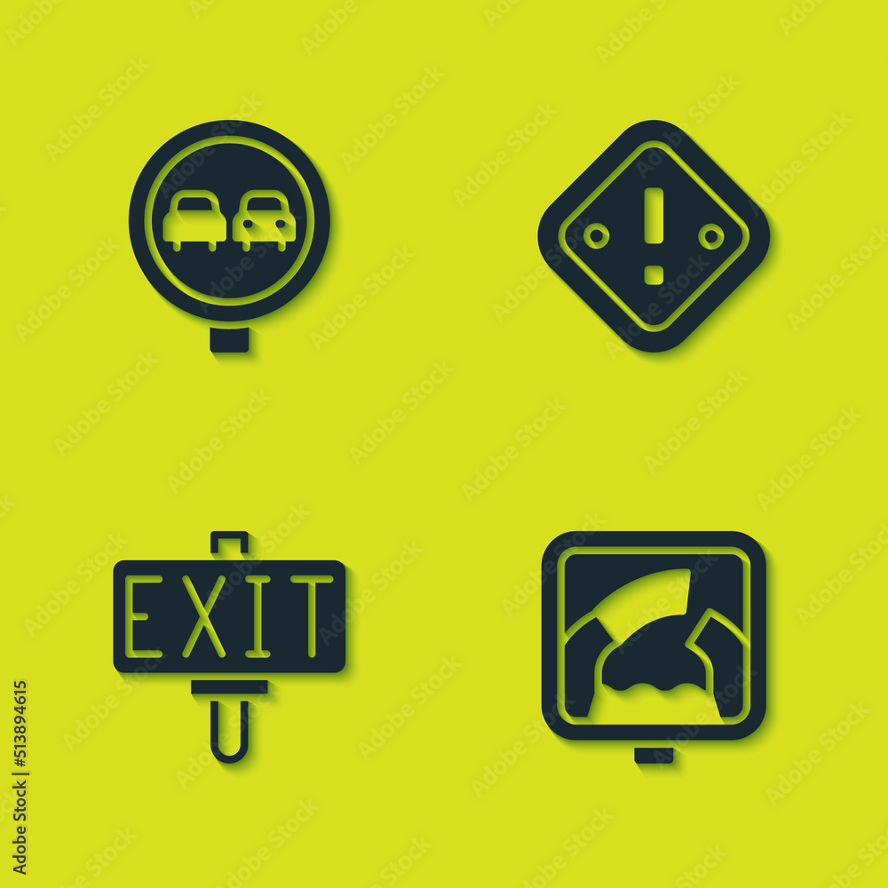 Set No overtaking road traffic, Drawbridge ahead, Fire exit and Exclamation mark triangle icon. Vector Set No overtaking road traffic, Drawbridge ahead, Fire exit and Exclamation mark triangle icon. Vector