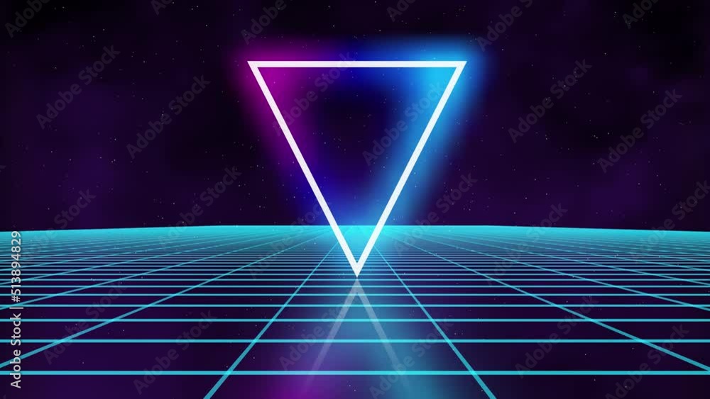 Triangle synthwave Retro futuristic seamless animation game grid. Neon digital triangle synthwave wireframe landscape. Space 4k animation.