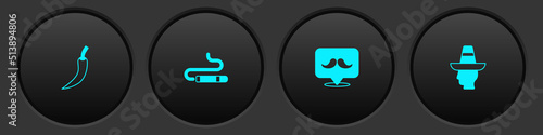 Set Hot chili pepper pod, Cigar, Mustache and Mexican man sombrero icon. Vector