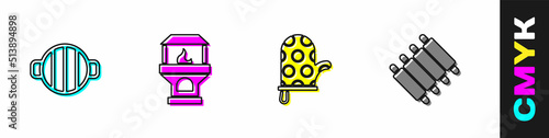 Set Barbecue grill, Brick stove, Oven glove and Grilled pork bbq ribs icon. Vector