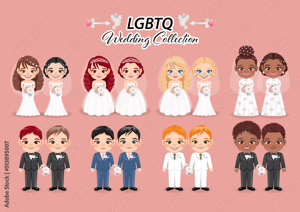 Set of Lesbian and Gay Newlywed Couples Flat illustration, LGBTQ Wedding Collection,  Marriage Design Concept Vector