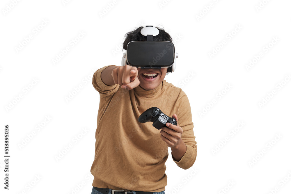 Young peruvian man playing video games with a joystick and vr headset. Isolated over white background. Young peruvian man playing video games with a joystick and vr headset. Isolated over white background.