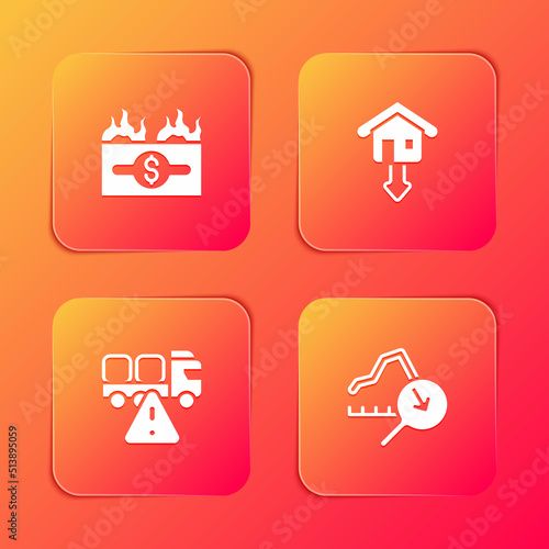 Set Burning dollar bill, Falling property prices, Stop delivery cargo truck and Global economic crisis icon. Vector
