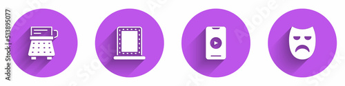 Set Retro typewriter, Makeup mirror with lights, Online play video and Drama theatrical mask icon with long shadow. Vector