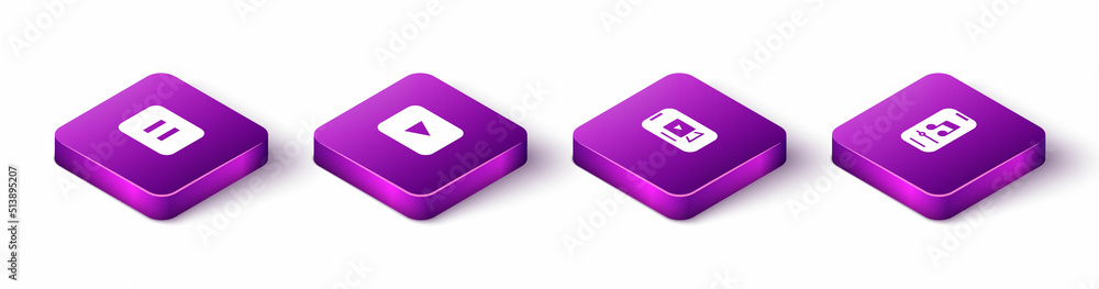 Set Isometric Pause button, Play, Online play video and Music player icon. Vector Set Isometric Pause button, Play, Online play video and Music player icon. Vector