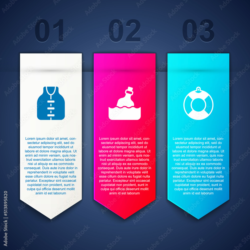 Set Life jacket, Bottle with message in water and Lifebuoy. Business infographic template. Vector Set Life jacket, Bottle with message in water and Lifebuoy. Business infographic template. Vector