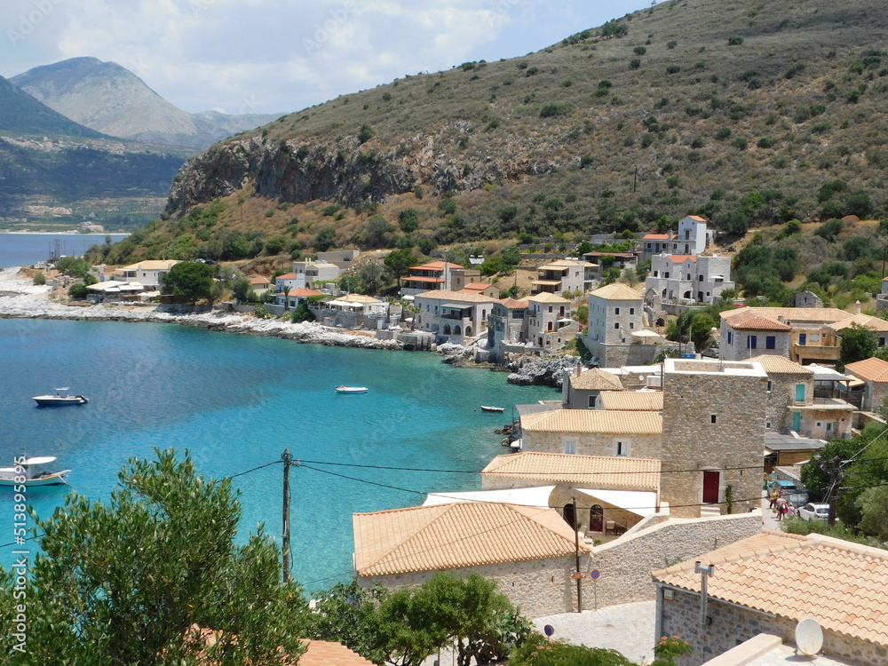 View of the traditional architecture, seaside village of Limeni, in Mani, Peloponnese, Greece