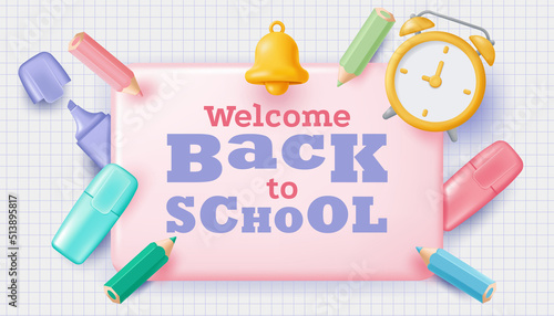 Back to school banner with pencils, and markers. Vector illustration in 3D style