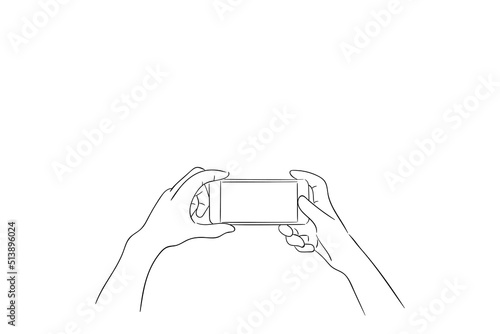 Person taking photo with both hand. Smart phone, Hand drawn illustration, Vector sketch