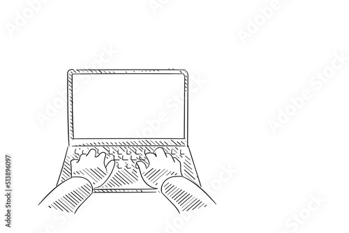 Cartoon of a man typing on laptop with blank whit screen. Sketch hand drawn business concept