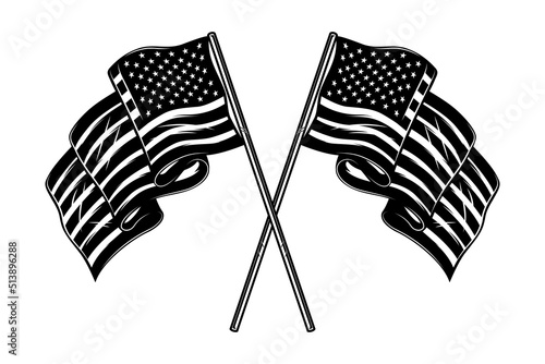 Illustration of crossed american flags. Design element for poster, card, banner, sign, logo. Vector illustration