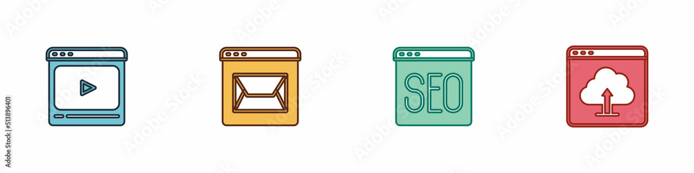 Set Online play video, Website and mail, SEO optimization and Cloud upload icon. Vector Set Online play video, Website and mail, SEO optimization and Cloud upload icon. Vector
