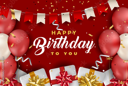 luxury happy birthday greeting template with balloon, birthday flag and glitter	