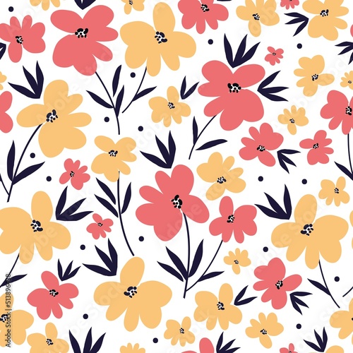 Simple vintage pattern. Cute yellow and pink flowers  dark blue leaves. White background. Fashionable print for textiles and wallpaper.