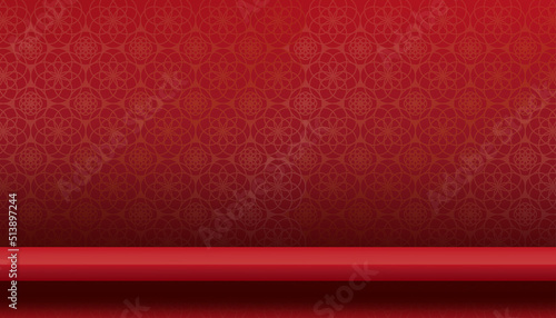 Red Background 3d Studio room with shelf on red lunar wallpaper background,Vector minimal design Mid Autumn Festival with Asian Art Style for backdrop shooting, product presentation,Chinese New YearRe