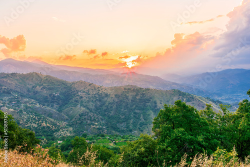 Mountain green mountain side during sunset or sunrise. Natural spring or summer season landscape with trees  branches and cloudy sunset
