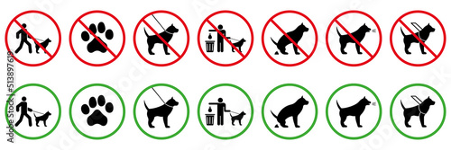 No Allowed Animal Toilet Sign. Canine Permission. Park Zone Green Symbol. Clean After Dog Poop. Ban Dog Black Silhouette Icon Set. Forbid Pet Entrance Walk Pictogram.Isolated Vector Illustration