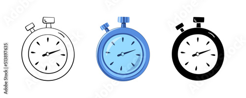 Stopwatch set in cartoon style, vector illustration. Timer icon for print and design. Clock symbol for sport and quiz game. Isolated element on white background. Stopwatch outline sign hand drawn