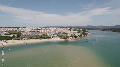 Aerial View Over Mira River Looking At Praia da Franquia At Vila Nova de Milfontes, Circle Dolly Left photo