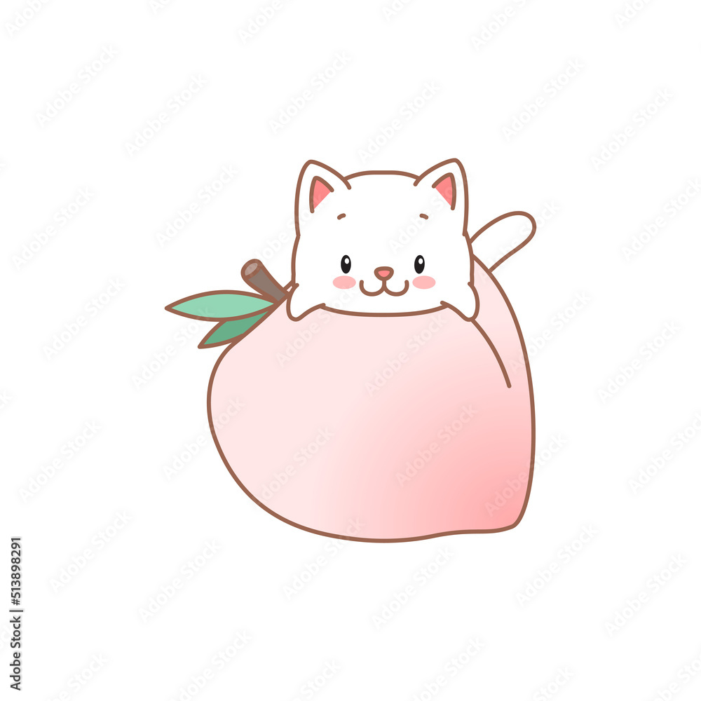 Cat with peach. Kawaii illustration of a little white kitten sitting in a pink peach isolated on a white background. Vector 10 EPS. Cat with peach. Kawaii illustration of a little white kitten sitting in a pink peach isolated on a white background. Vector 10 EPS.
