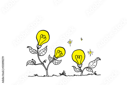 Big light bulb growing on tree plant. Concept of developing ideas. Cartoon vector illustration design