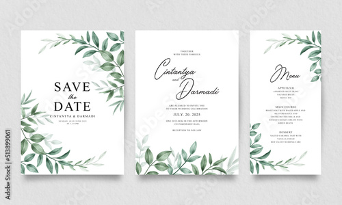 Set of elegant wedding invitation templates with greenery watercolor