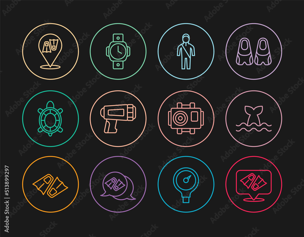 Set line Flippers for swimming, Whale tail, Wetsuit scuba diving, Flashlight diver, Turtle, Photo camera and Diving watch icon. Vector