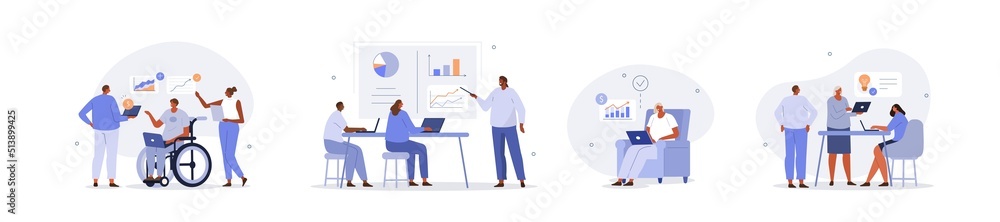 Business people illustration set. Diverse characters and persons with disability working together at office. People talking with colleagues and planning financial strategy. Vector illustration.